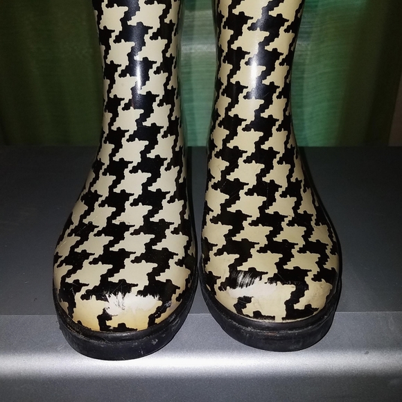Black White Houndstooth Mid-Calf Pull-On Rubber Rain Boots Adjustable Straps W/6 - Picture 6 of 11